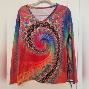 🧡 Boho Multicolor Long Sleeve L Top Shirt Festival Hippie Mod Psychedelic